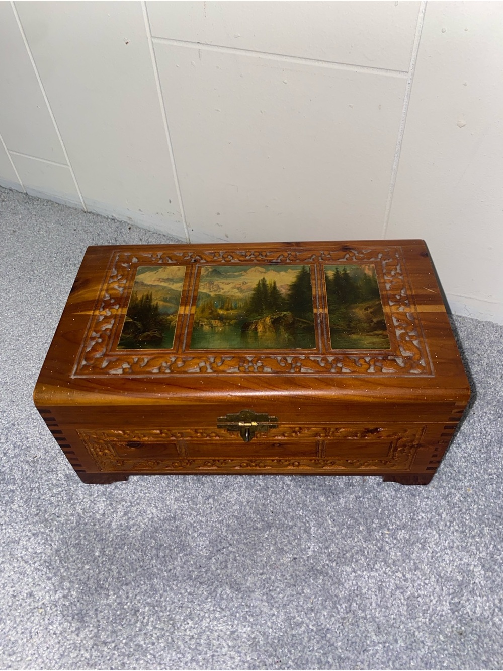Hand-Carved Wooden Keepsake Box with Scenic Inset